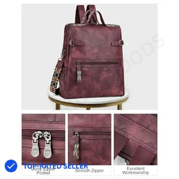 Vegan Leather Laptop Backpack Retro Designer Work Travel Daypack 11 Pockets